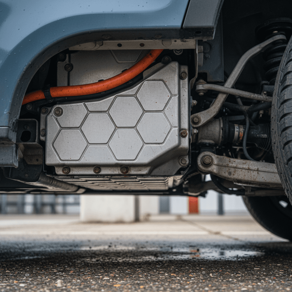 Laboratory side-impact crash test of a Porsche Taycan showing intact passenger cell and deployed airbags
