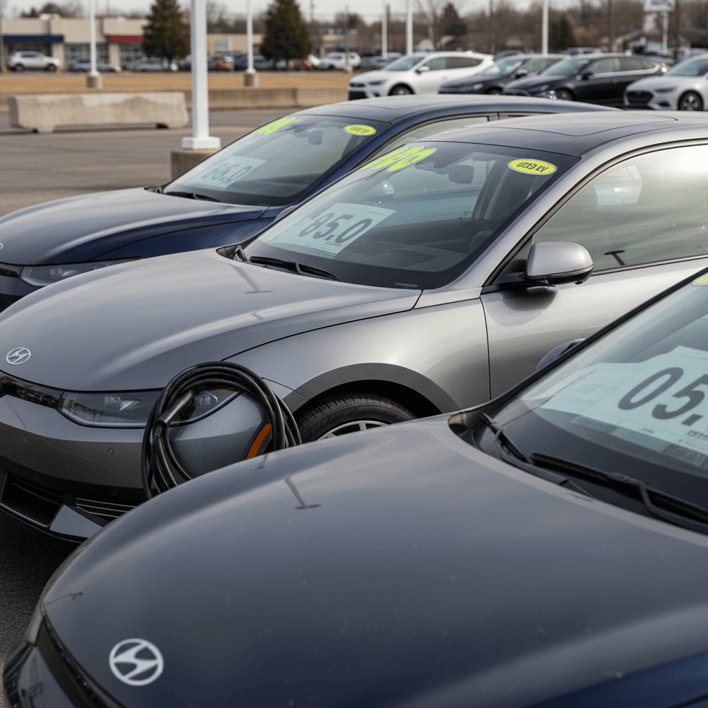 Row of used Hyundai Ioniq 6 sedans parked on a lot with price stickers visible