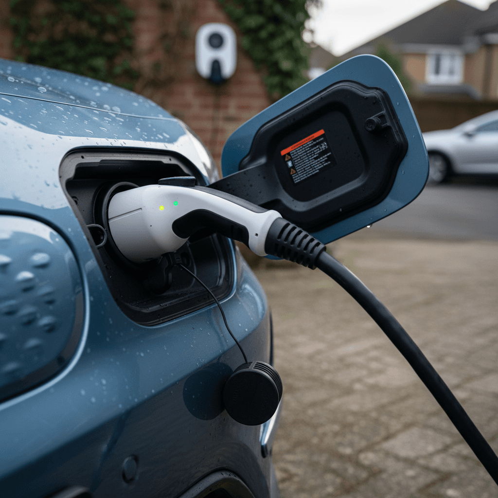 Kia Niro EV plugged into a Level 2 home charger, showing the charge port and cable