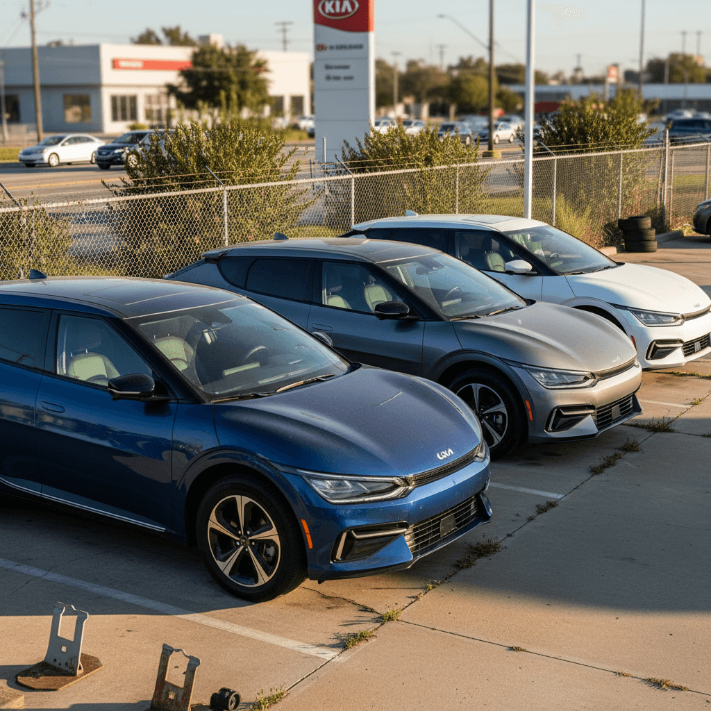 Row of used Kia EV6 crossovers on a lot, showing variety of trims and colors
