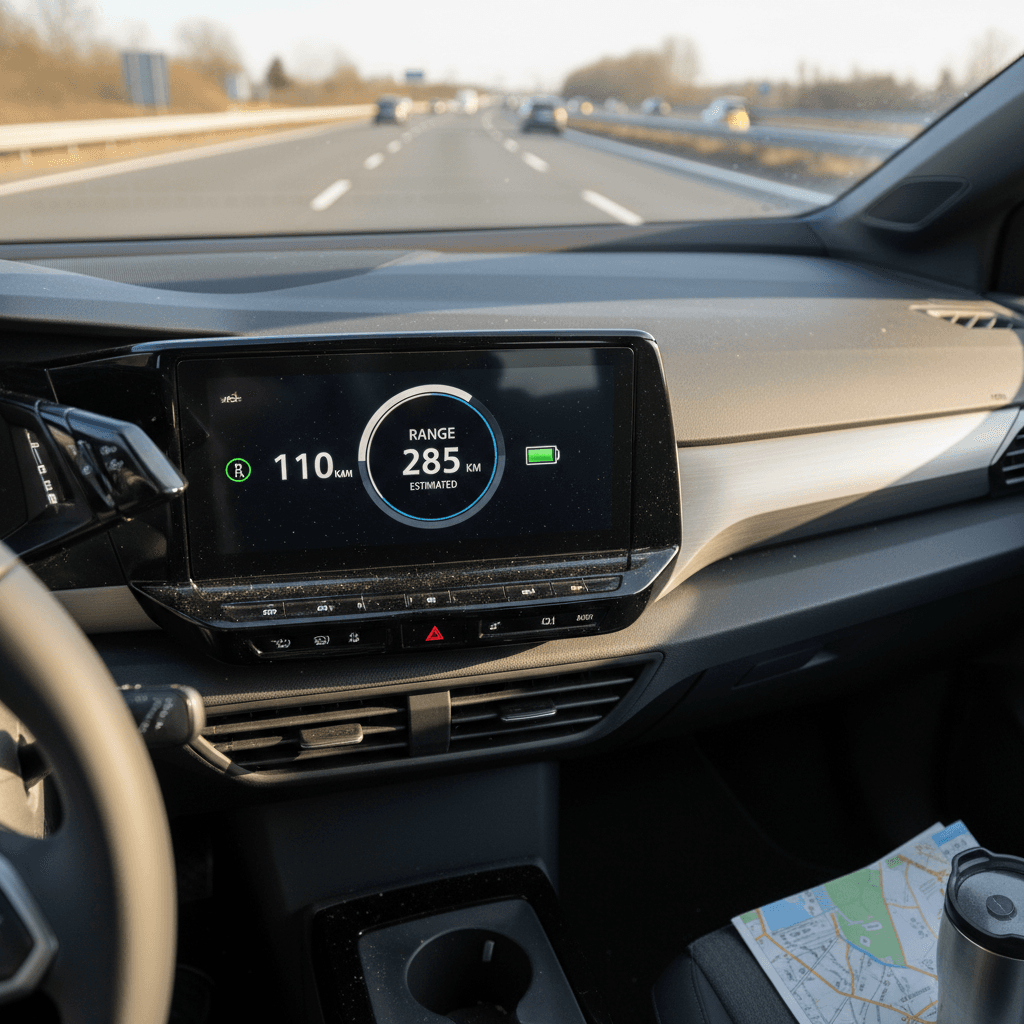 Volkswagen ID.4 digital cockpit with remaining range estimate during highway drive
