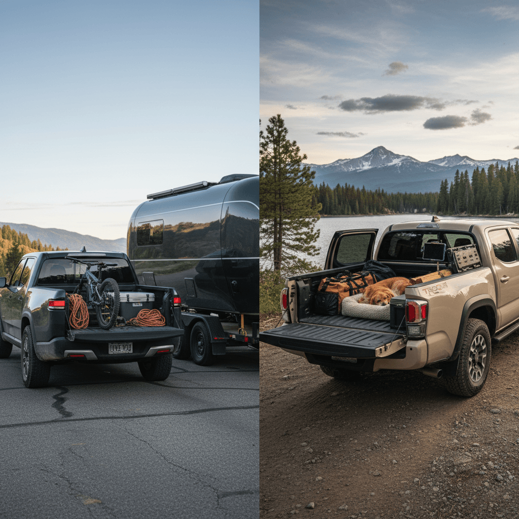 Side-by-side view of a Rivian R1T and Toyota Tacoma showing differences in bed size, ground clearance and overall stance