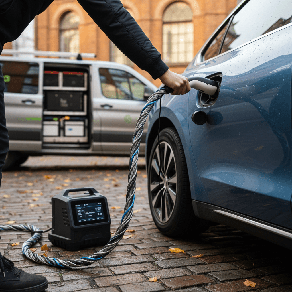 Roadside assistance technician using a mobile EV charger to charge an electric car on the shoulder of a road