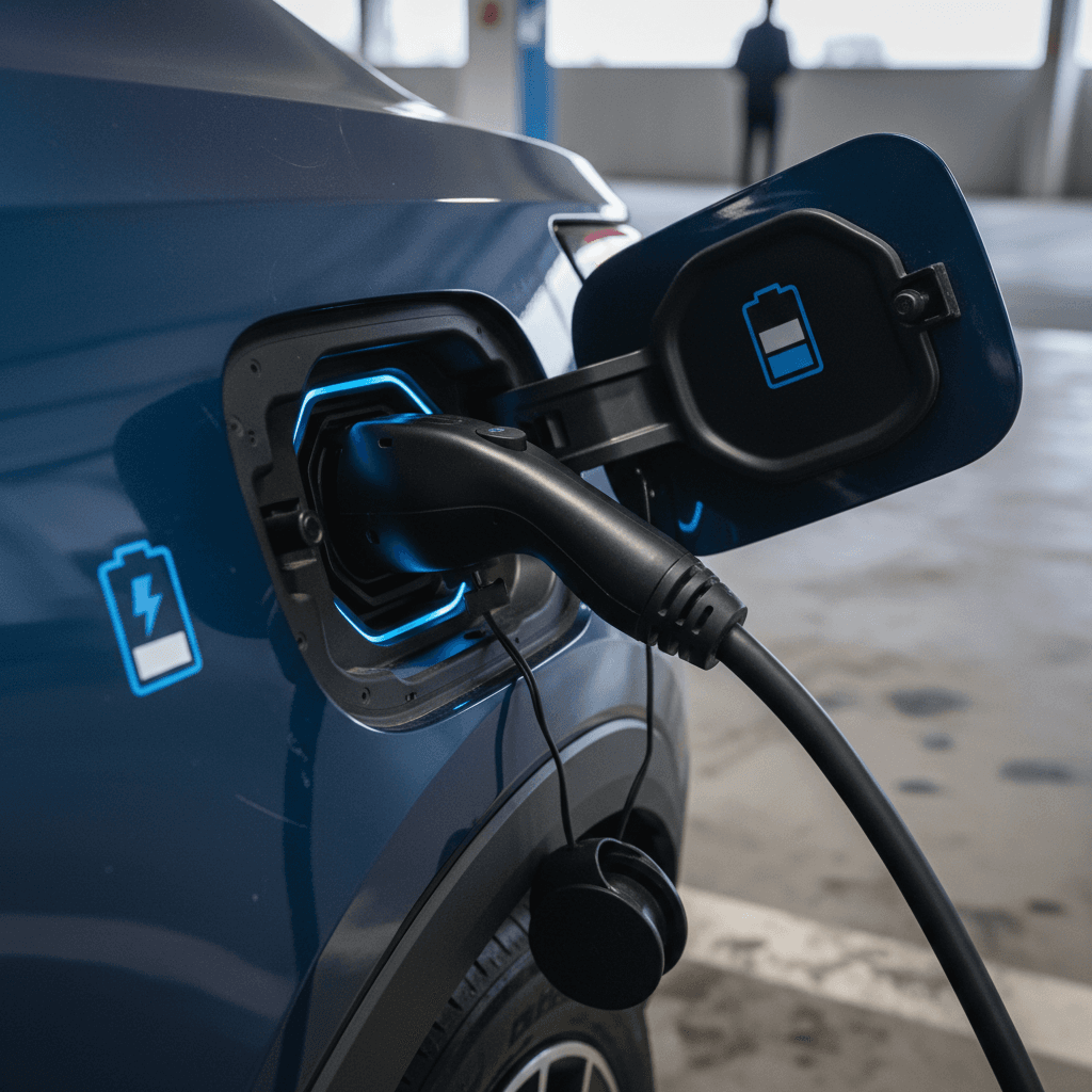 Close-up of a Volvo C40 Recharge charging port connected to a charger, emphasizing the high-voltage battery system under warranty.