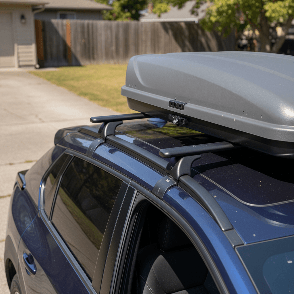Subaru Solterra roof rails and crossbars with a medium cargo box mounted in a driveway