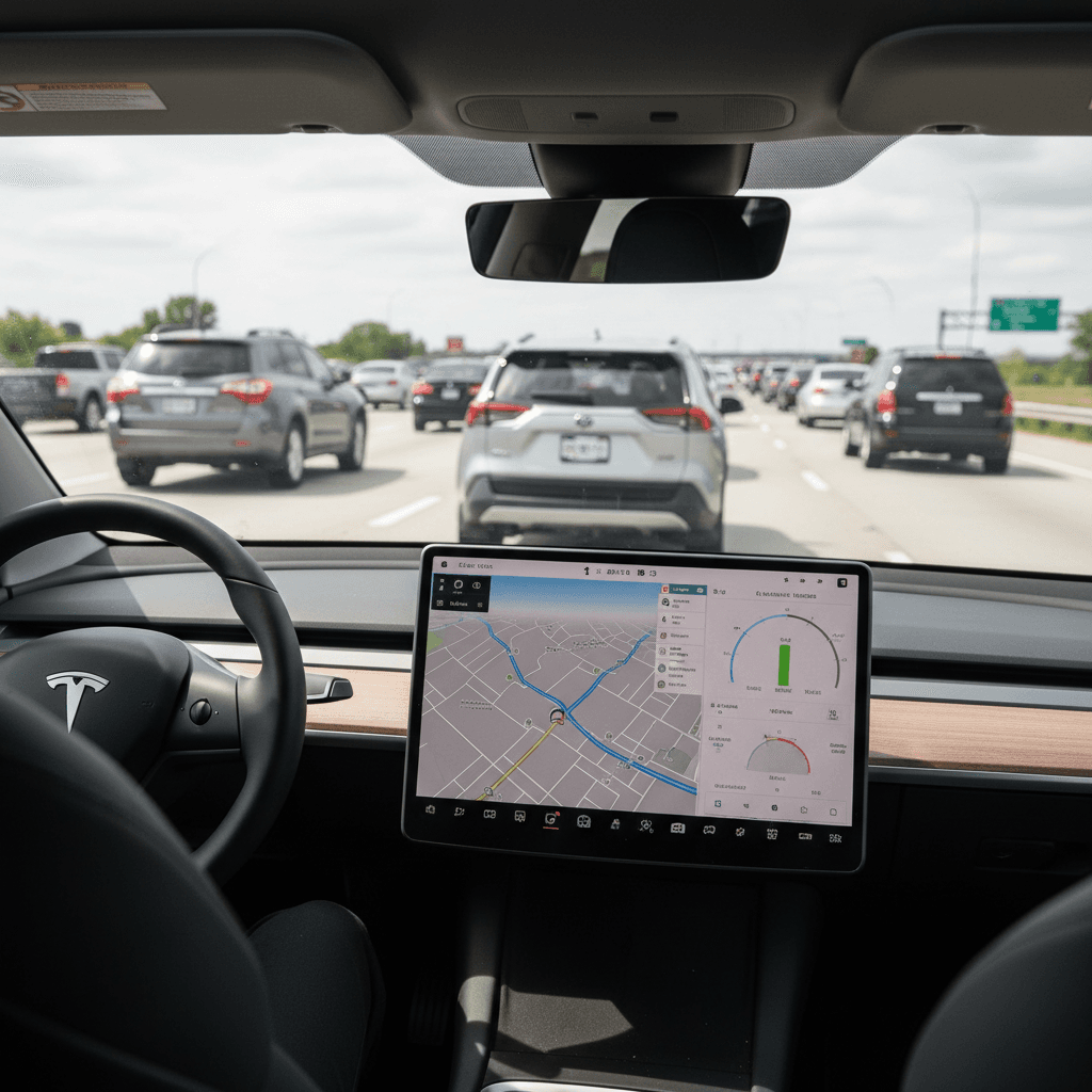Minimalist Tesla Model Y interior with large center touchscreen replacing traditional buttons and gauges