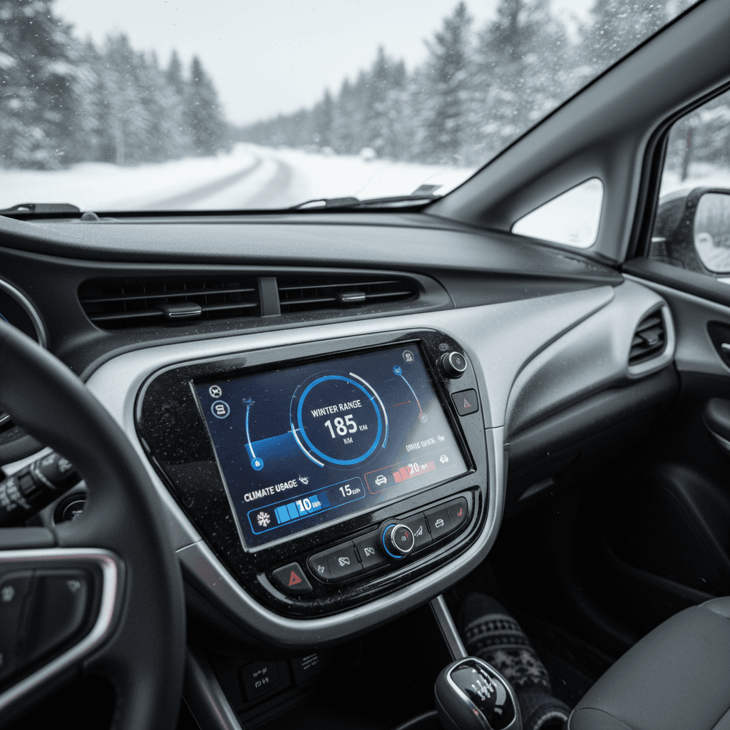 Chevy Bolt EV showing winter energy usage and climate load on the dashboard screen