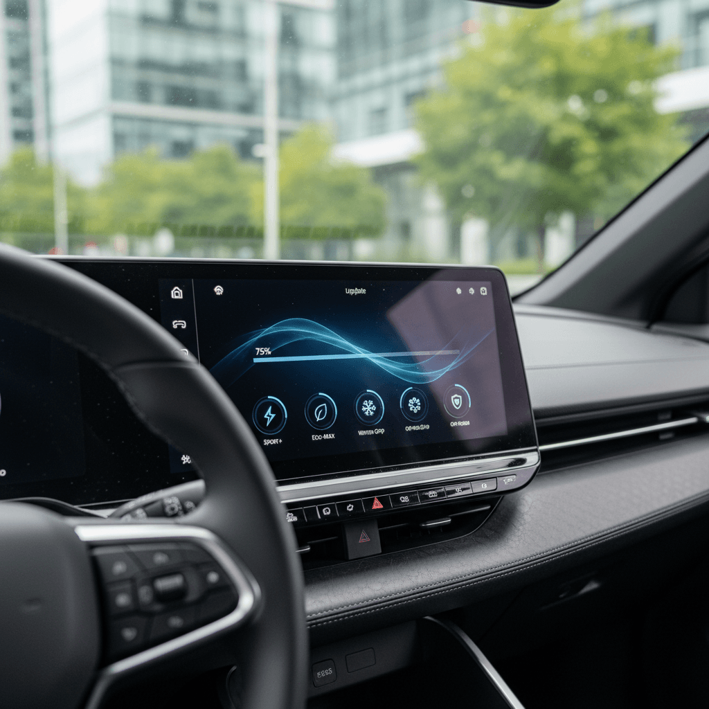 EV touchscreen display showing a software update in progress with new driving modes listed