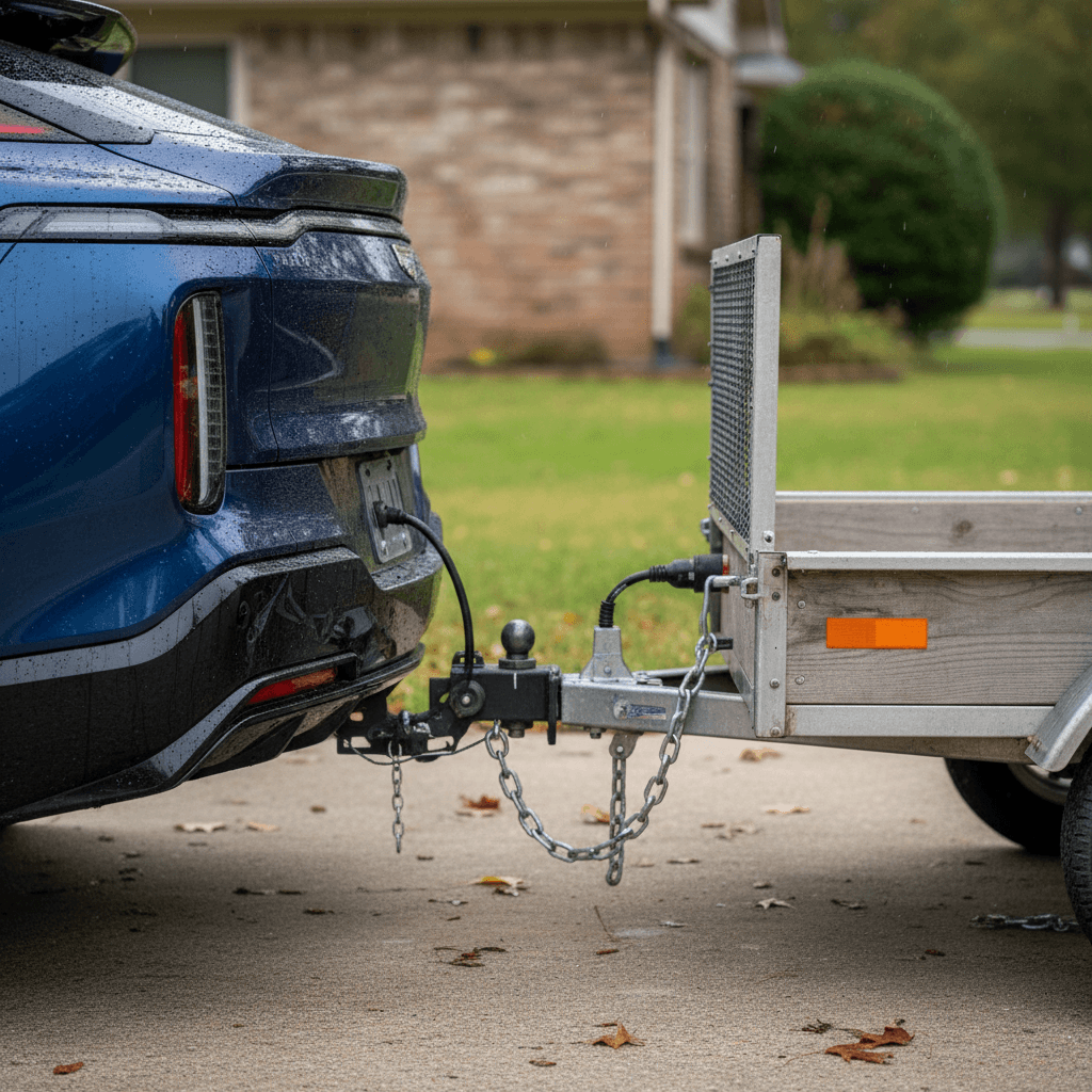 Cadillac Lyriq with a small utility trailer hitched up in a driveway, illustrating light-duty towing