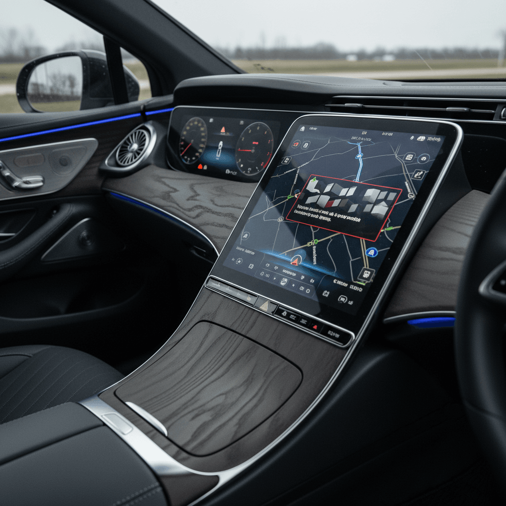 Mercedes EQS digital instrument cluster showing driver‑assistance warnings and alerts