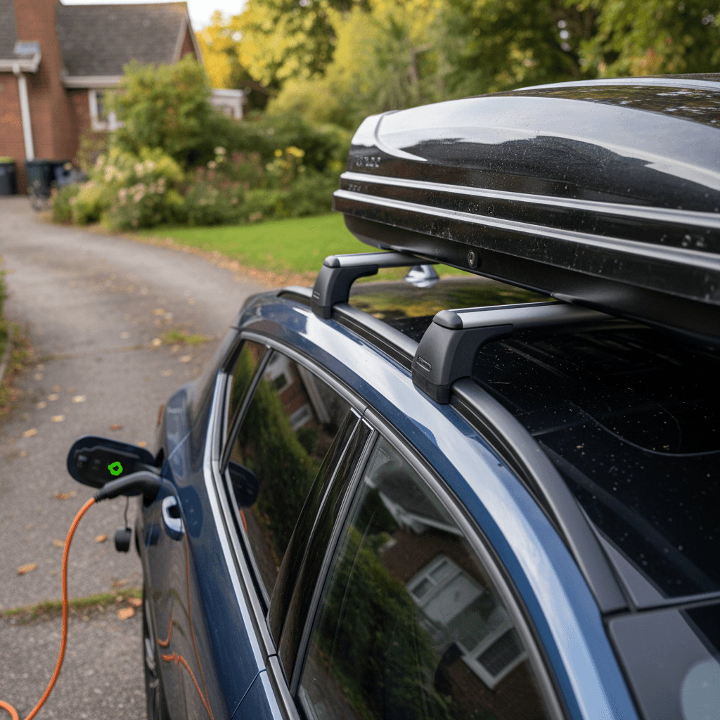 Volvo C40 Recharge with roof crossbars and cargo box mounted on the panoramic roof