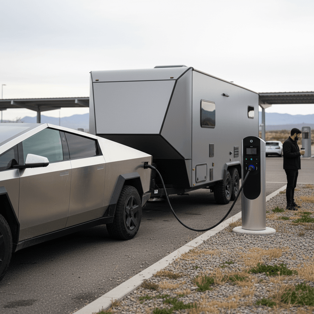 Tesla Cybertruck towing a medium camper trailer while plugged into a fast charger at a highway rest stop
