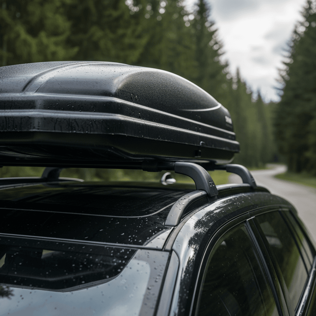 Cadillac Lyriq factory-style roof rails with crossbars and a low-profile cargo box installed