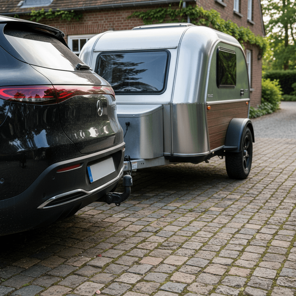 A Volvo EX30 connected to a trailer at a DC fast charger, illustrating towing and charging use together
