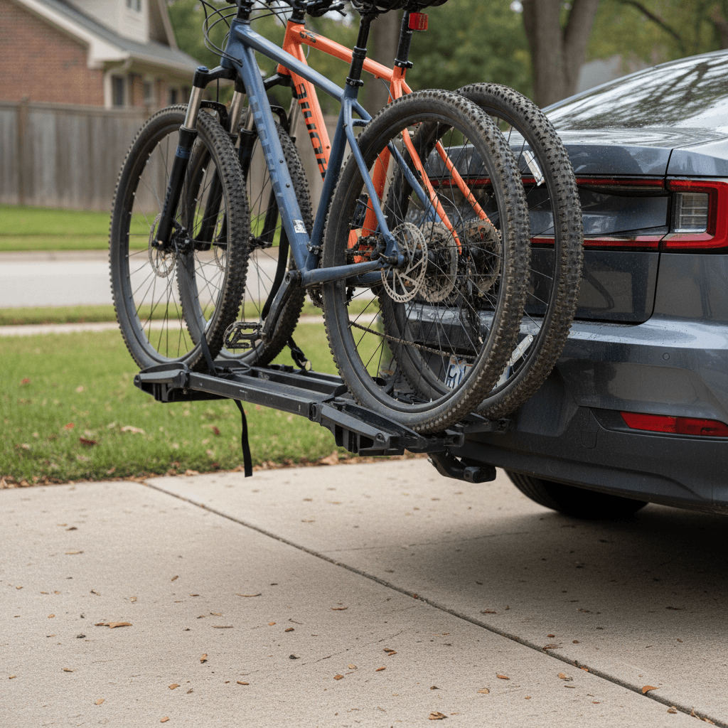 Hitch-mounted platform bike rack carrying two bicycles on the rear of a Polestar 2 in a driveway