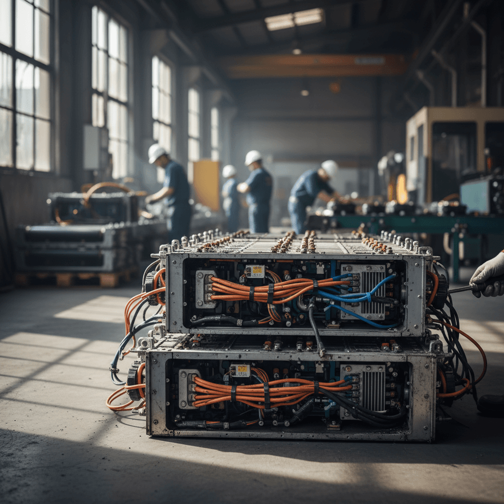Technician examining battery modules removed from a used electric vehicle