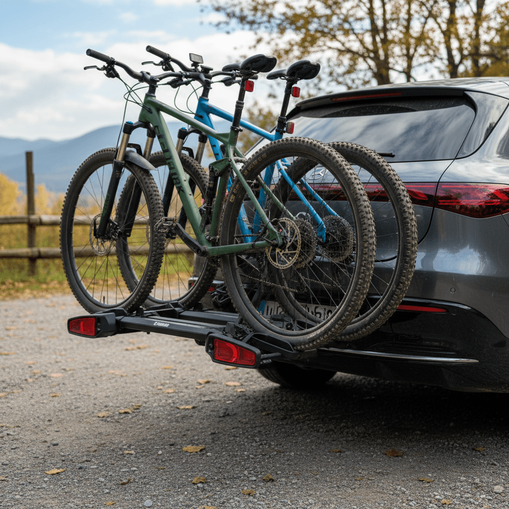 Platform-style hitch bike rack mounted to the rear of a Mercedes EQE, holding two bicycles