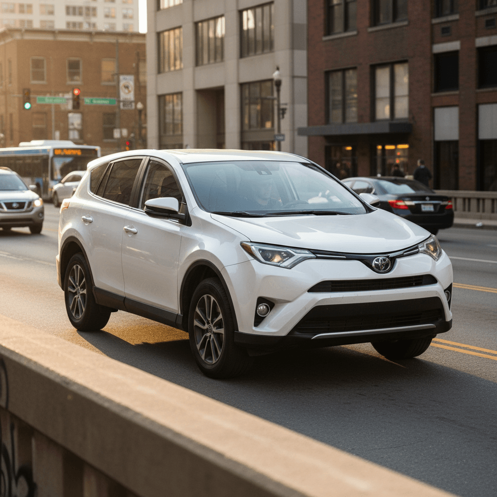 Modern compact sedan driving through a city street, representing a typical nice used car under $15,000.
