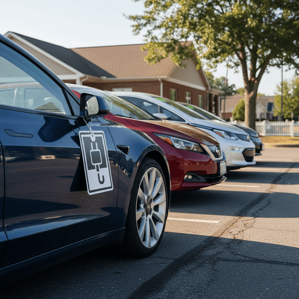 Technician connecting diagnostic equipment to check the battery health of a used electric car