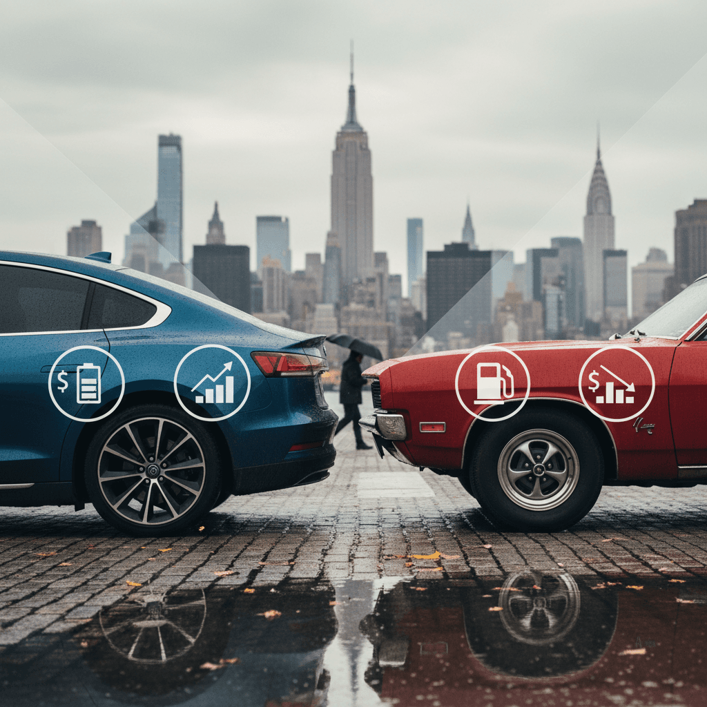 Side-by-side comparison illustration of an electric car and a gasoline car with dollar signs, charging cable, fuel pump, and the New York City skyline in the background
