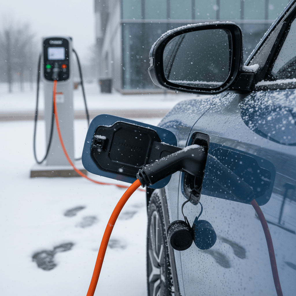 Honda Prologue charging at a public fast charger with light snow on the ground, highlighting cold-weather EV charging considerations