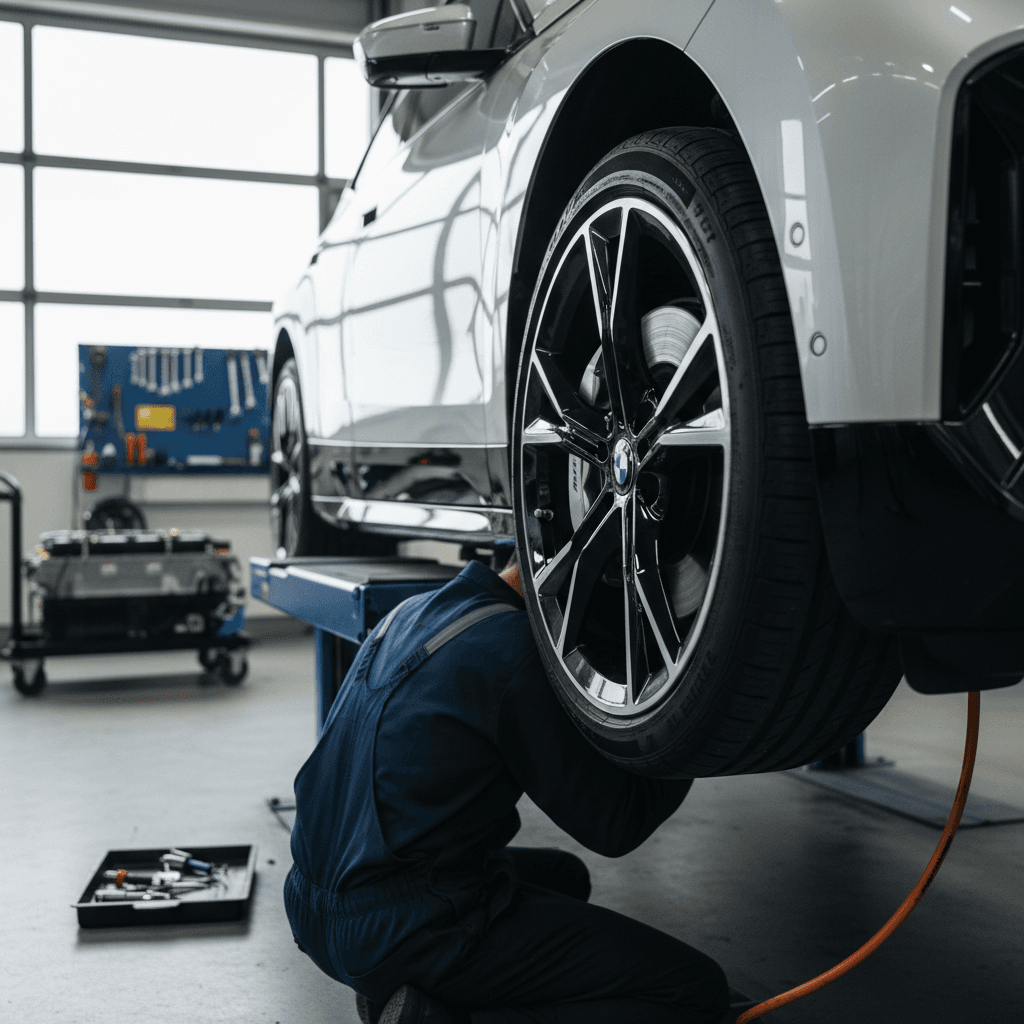 Technician using a tablet to run battery diagnostics on an electric vehicle