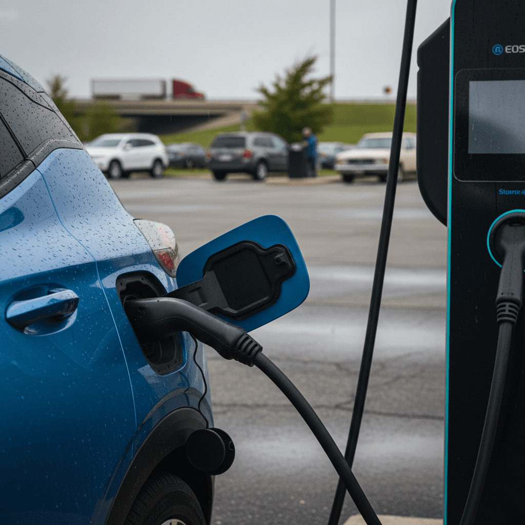 Chevrolet Bolt EV charging at a highway DC fast charger with driver walking to nearby rest stop