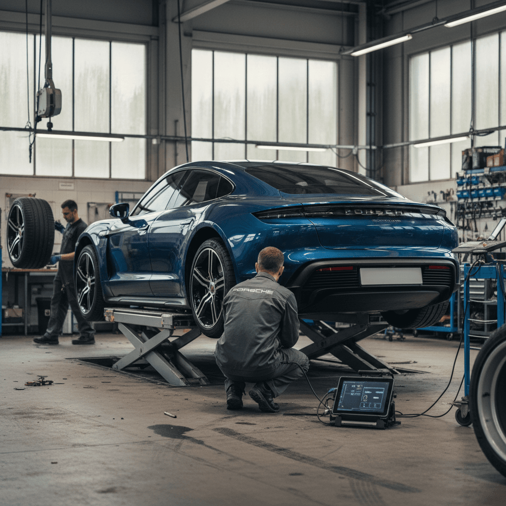 Close view of a Nissan Leaf plugged into a DC fast charging station, showing the CHAdeMO connector and charging status lights.