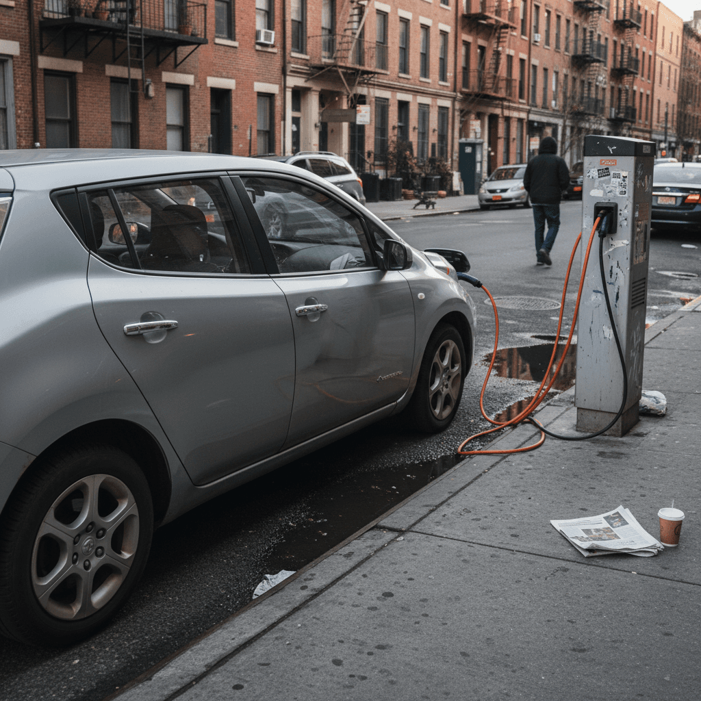 Compact electric car driving through a city street, illustrating affordable urban EVs