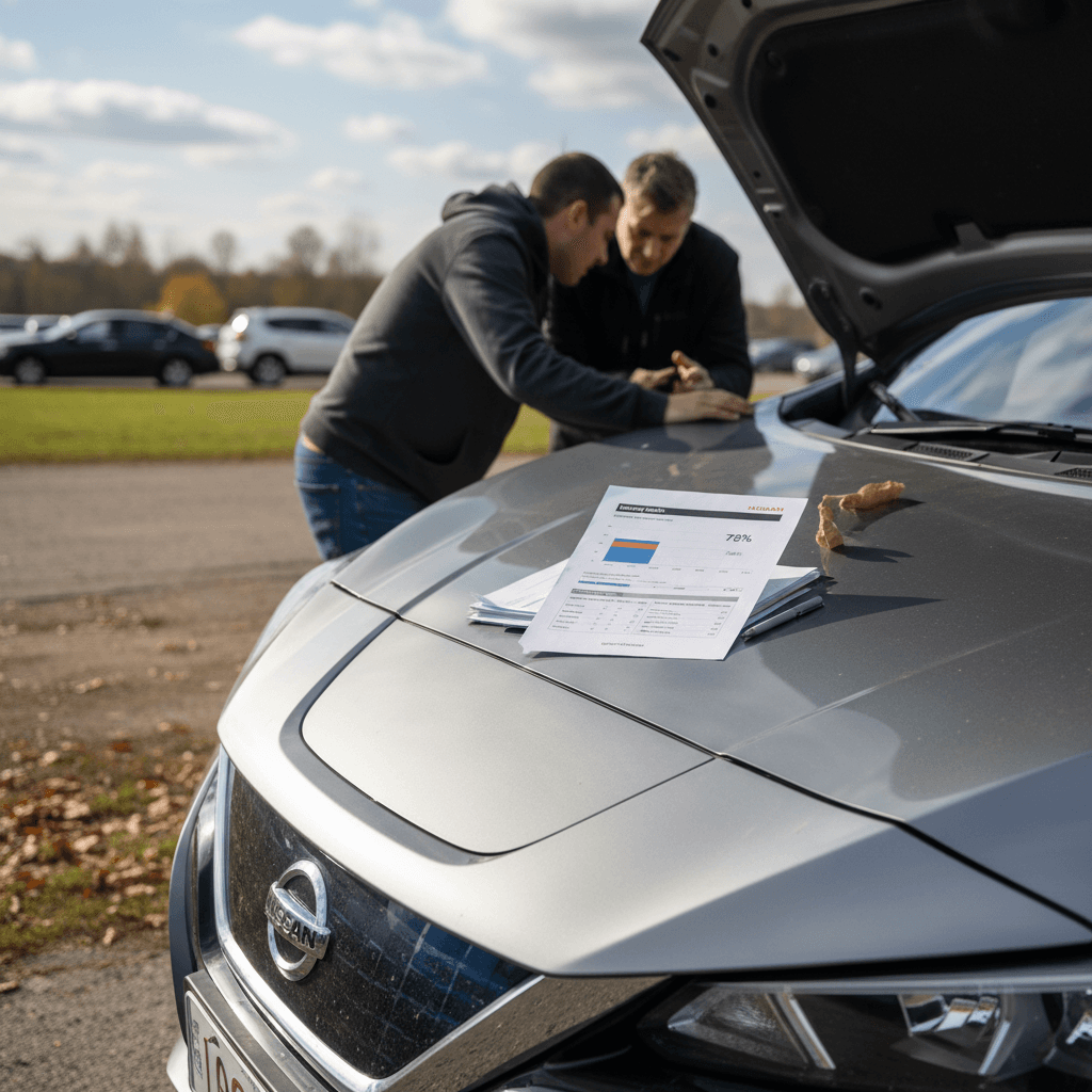 Seller and buyer reviewing Nissan Leaf title and battery health documents at an outdoor meetup
