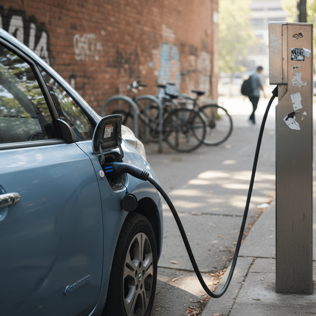 Compact electric car parked on a city street near a curbside charger