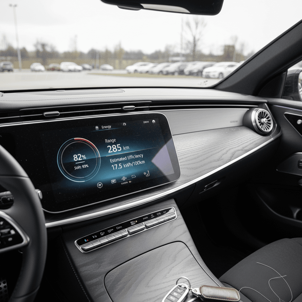 Digital instrument cluster of a Mercedes EQE showing battery state of charge, estimated remaining range, and trip data after a highway drive