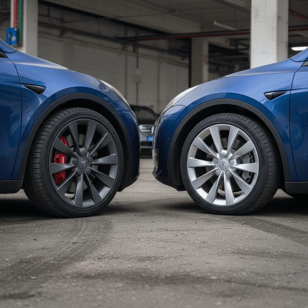 Side-by-side comparison of Tesla Model Y Long Range and Performance wheels and stance, highlighting different tire sizes.