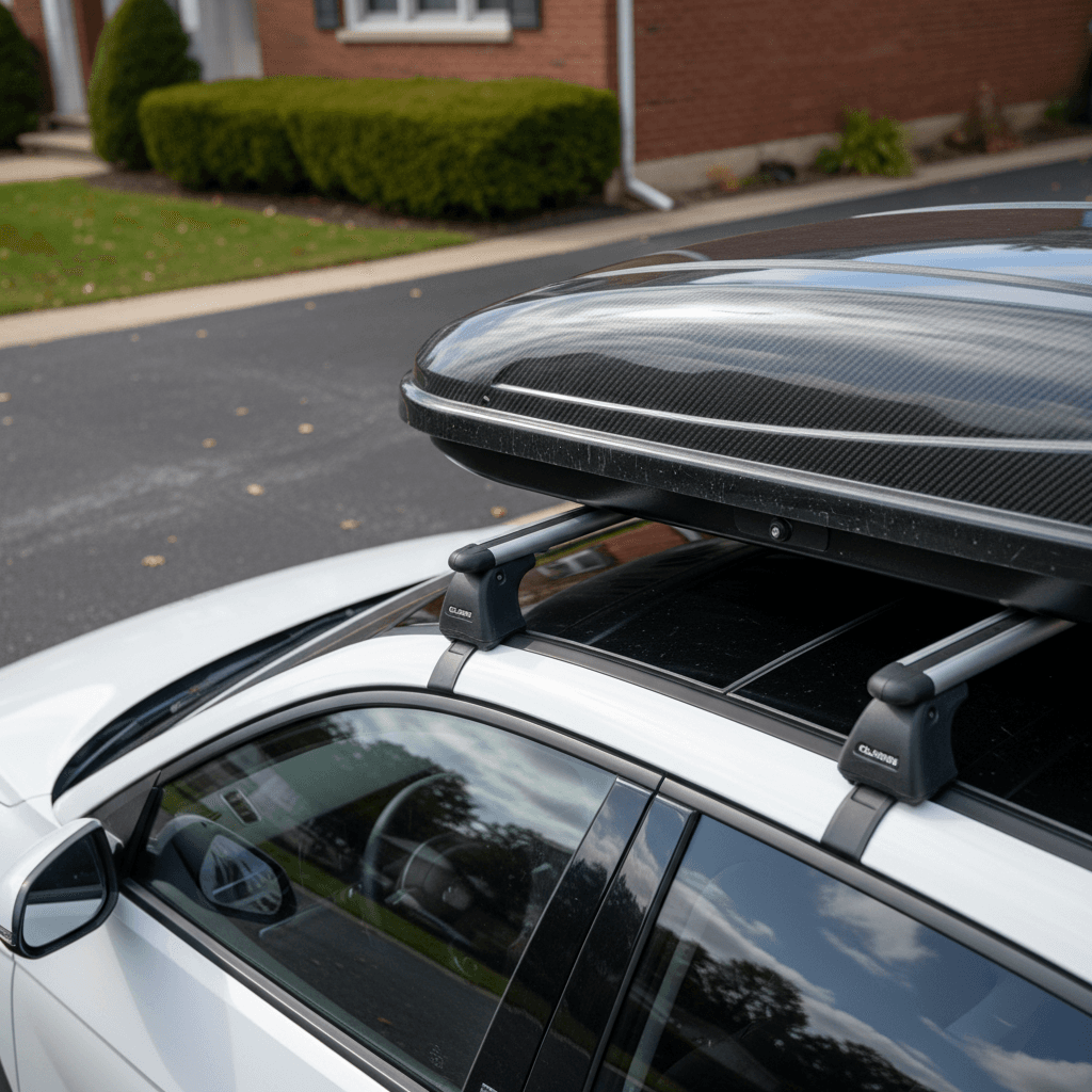 Hyundai Ioniq 5 parked in a driveway with crossbars and a medium roof box mounted on top