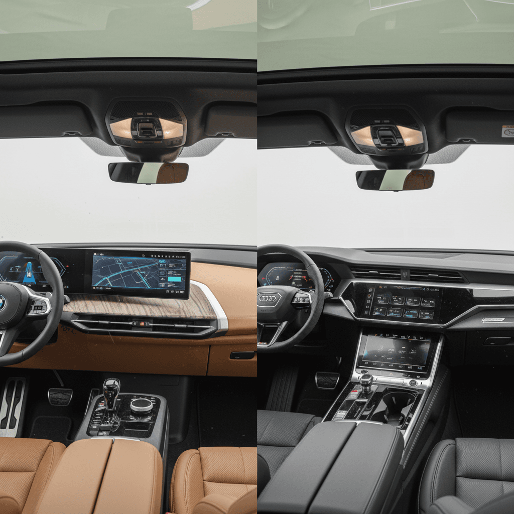 Side-by-side view of BMW iX and Audi Q8 e-tron interiors showing digital screens, seating and premium materials