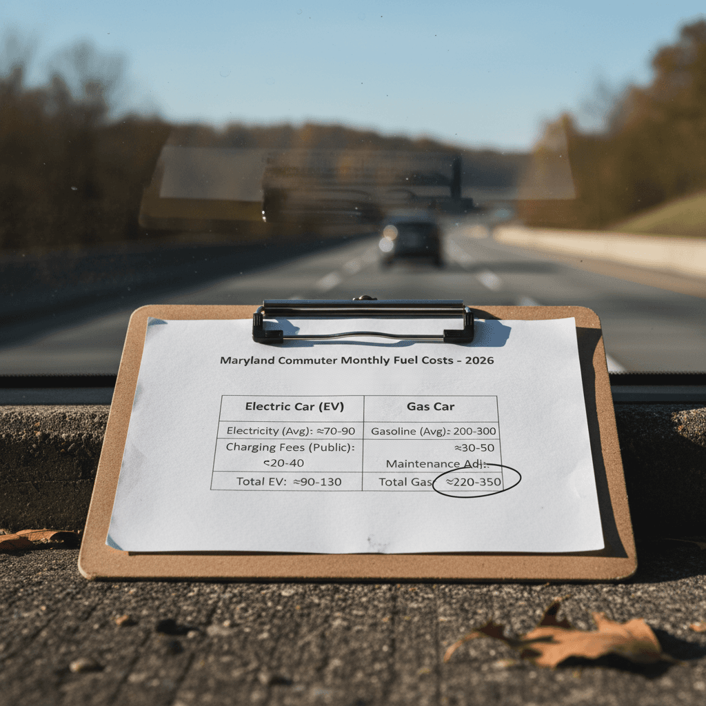 Side-by-side chart comparing monthly fuel costs for an electric car and gasoline car for a Maryland commuter in 2026
