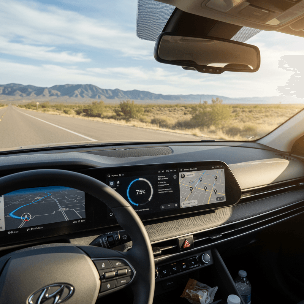 Driver in a Hyundai Ioniq 6 using in-car navigation and a charging app on a smartphone during a road trip