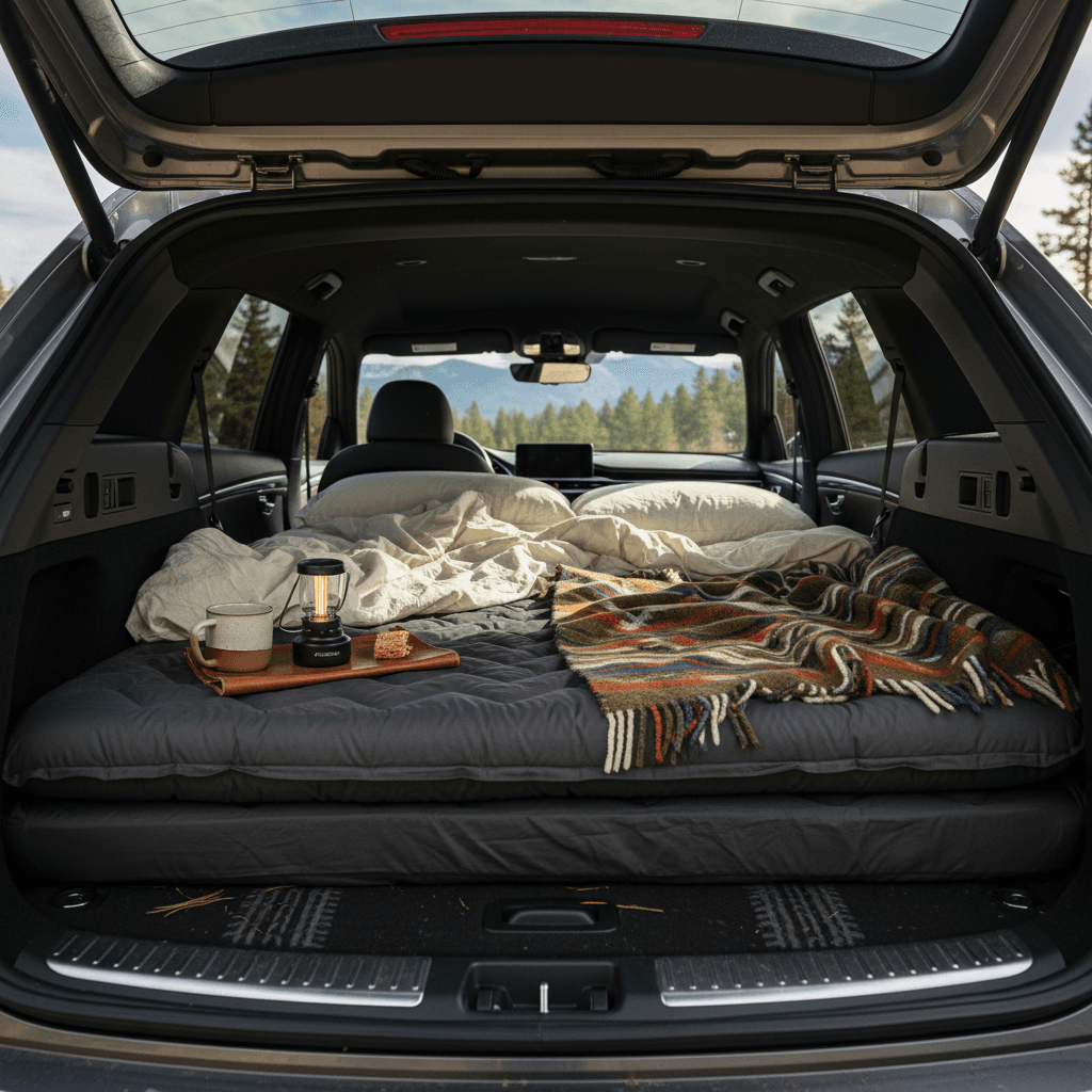 Rear seats folded in a Genesis Electrified GV70 with a camping mattress laid out for sleeping
