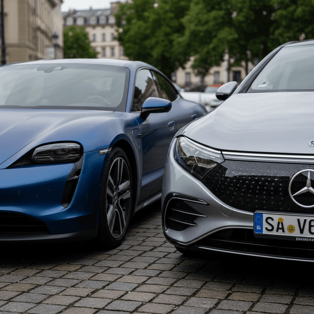 Porsche Taycan and Mercedes EQS parked side by side, highlighting their contrasting sporty and luxury designs