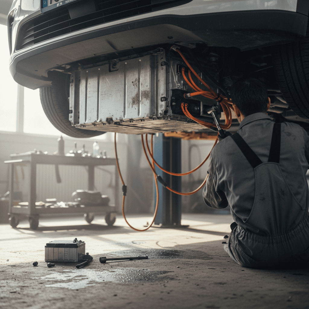 Mechanic lowering a large EV battery pack from the underside of an electric car in a service bay