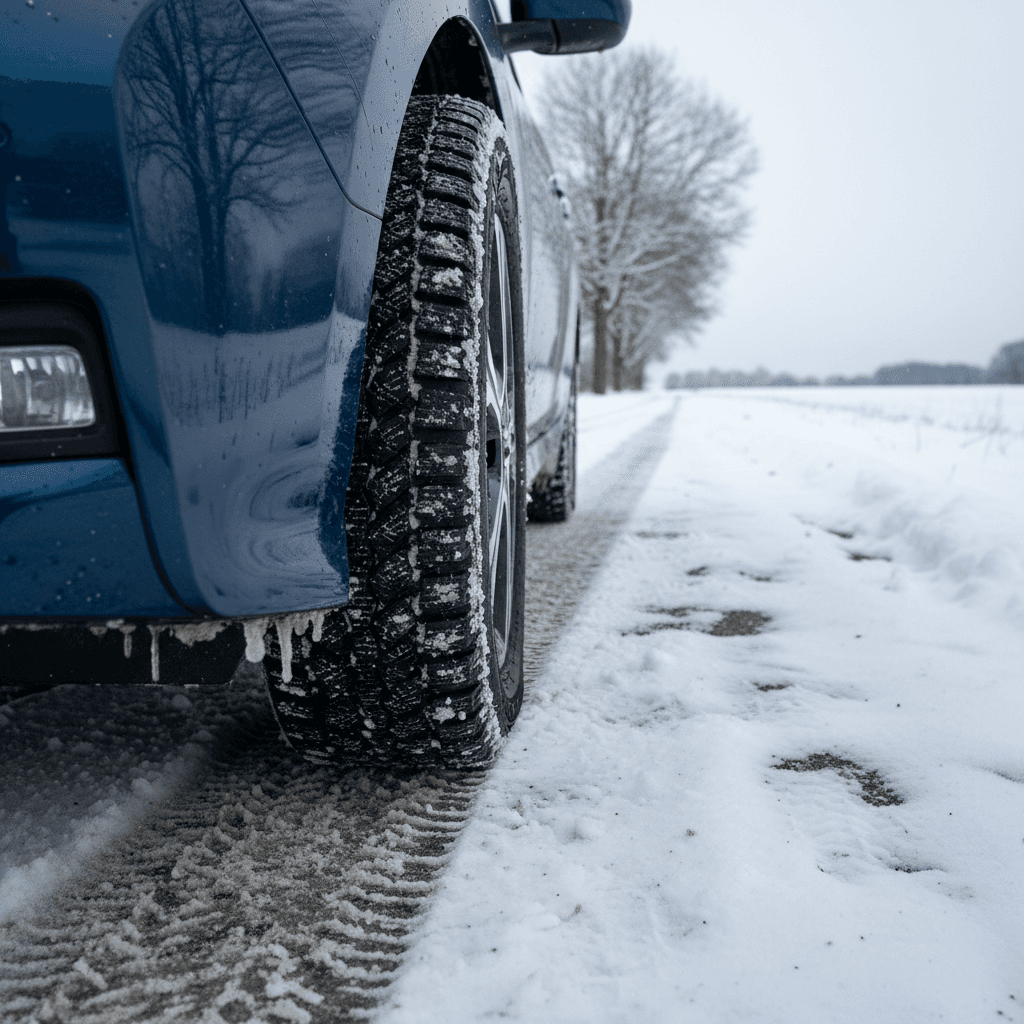 Close-up of a Nissan Leaf front wheel fitted with a dedicated winter tire on a snow-covered suburban street