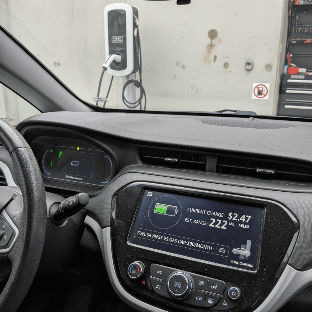 Chevy Bolt EV charging at a home garage with its dashboard showing range and cost per mile
