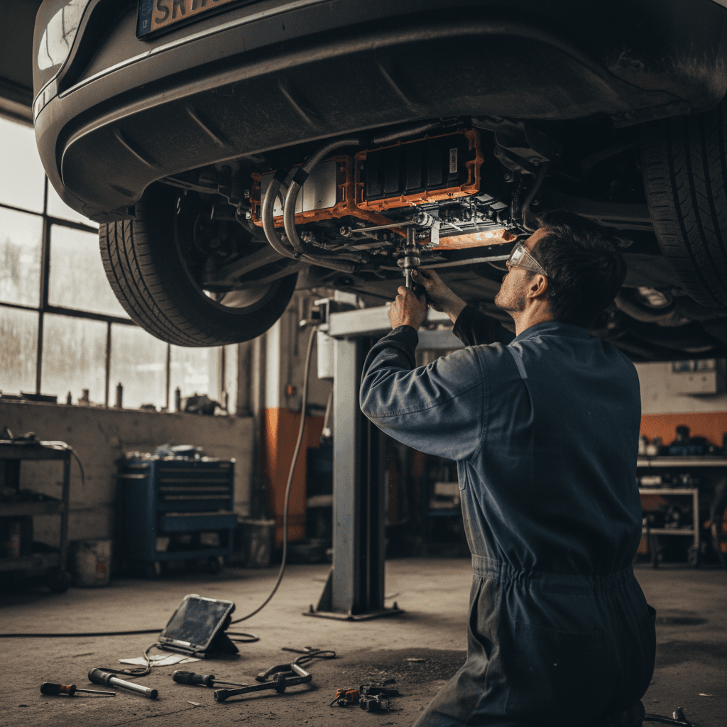 Technician removing the battery cover from an electric car on a lift