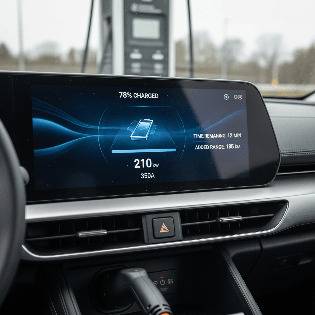 Kia EV9 hitched to a mid-size travel trailer at a campsite with a charging cable connected