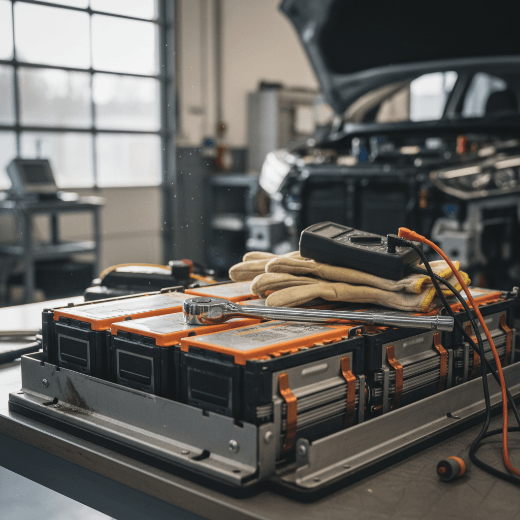 Hybrid certified mechanic inspecting a high‑voltage battery pack in a service bay
