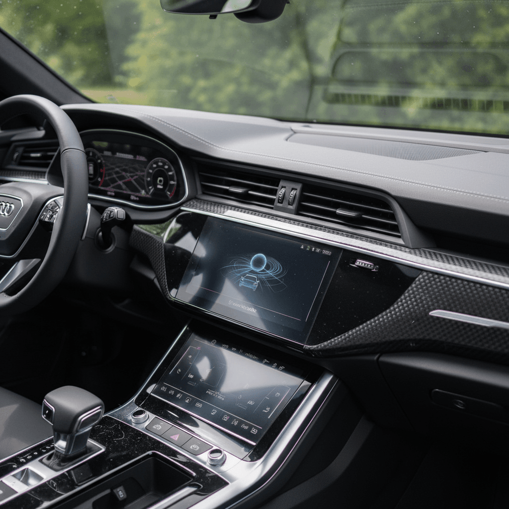 Audi Q8 e-tron interior with dual touchscreens displaying navigation and vehicle status