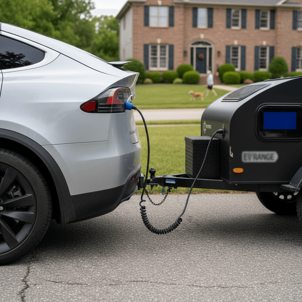 Tesla Model X hitched to a small travel trailer parked in a driveway