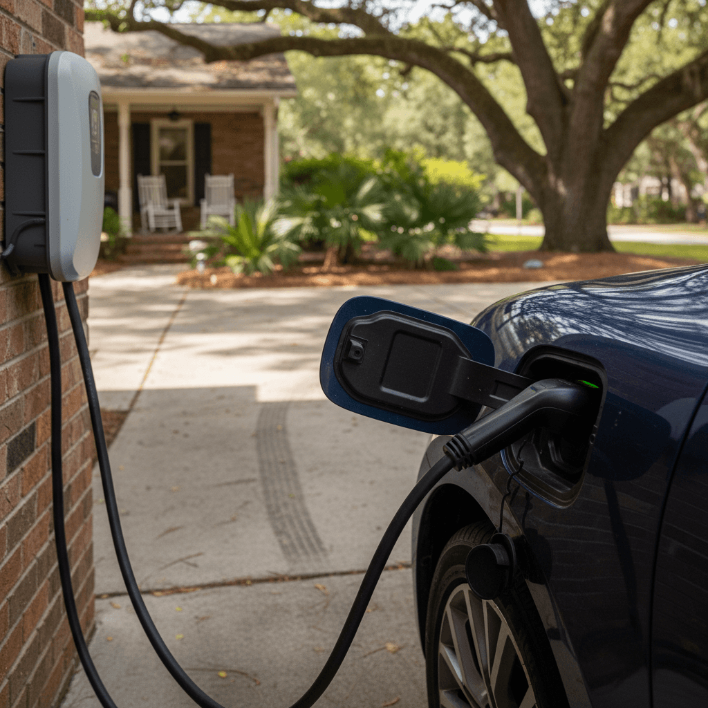 Electric car charging at a Level 2 home charger in a South Carolina driveway, emphasizing real-world EV ownership costs and savings
