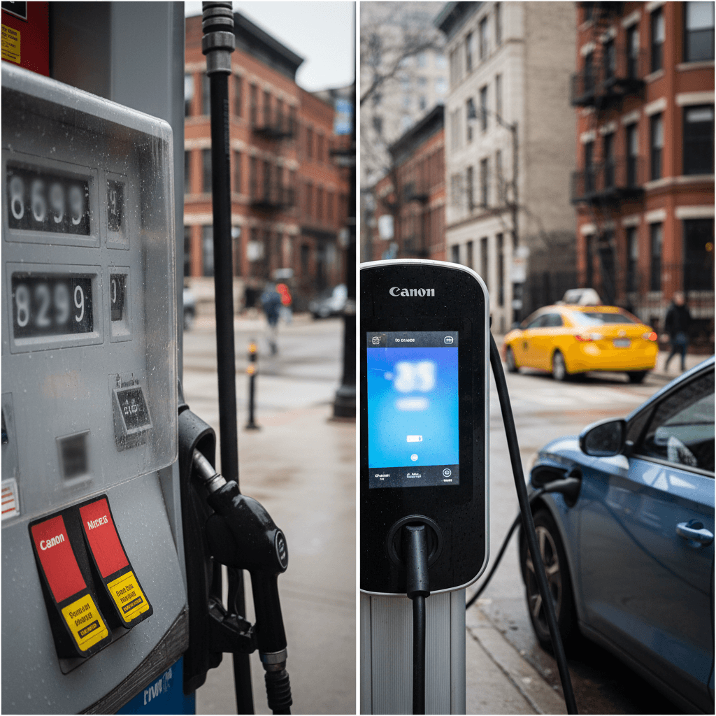 Side-by-side comparison of a Chicago gas station price sign and an EV charging station display showing price per kWh