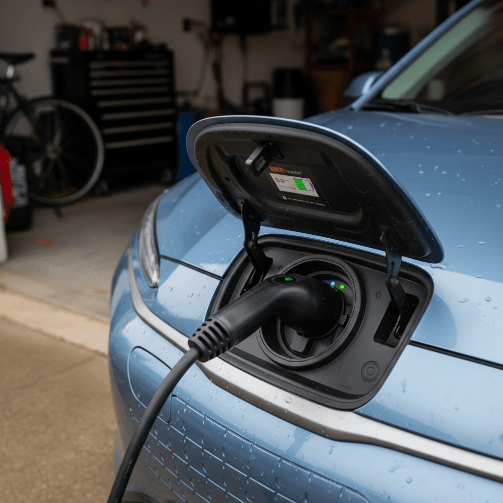 Close up of a Hyundai Kona Electric plugged into a charger, showing its battery state of charge on the dash